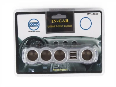 موزع ولاعة ومقابس سيارة (In-Car) موديل WF-4008، يضم 4 فتحات مقابس مع منفذين USB،