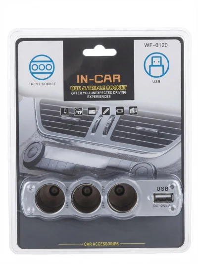 موزع ولاعة ومقابس سيارة ثلاثي (IN-CAR Triple Socket) موديل WF-0120، يضم 3 مقابس ولاعة مع منفذ USB