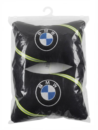 مخدات رأس للسيارة باللون الأسود وتصميم رياضي فاخر يحمل شعار BMW الشهير،