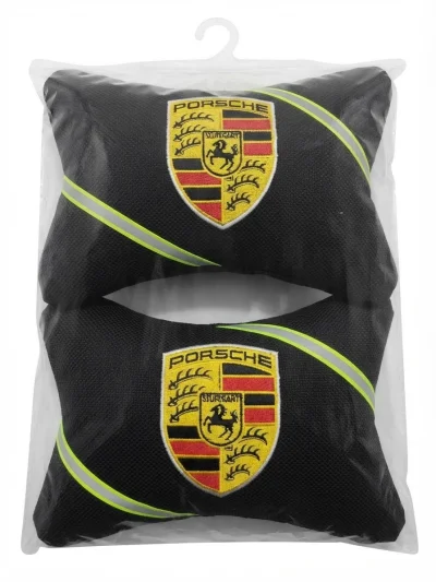 طقم مخادع (مخدات) رأس للسيارة باللون الأسود وتصميم فاخر يحمل شعار بورش (Porsche) الأصلي مع خطوط عاكسة،