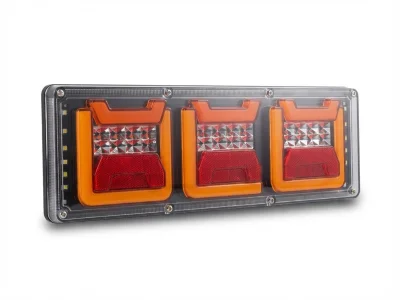 وحدة إضاءة خلفية LED احترافية وثلاثية الأقسام بتصميم برتقالي وحمراء متطور، لتوفير أقصى درجات الوضوح والأمان والاعتمادية للمركبات والشاحنات.