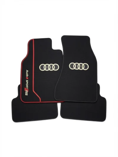 طقم دوسات  سيارة رياضي عالي الجودة بتصميم (Audi Sport RS) بلون أسود مع إطارات حمراء وشعار أودي الأنيق