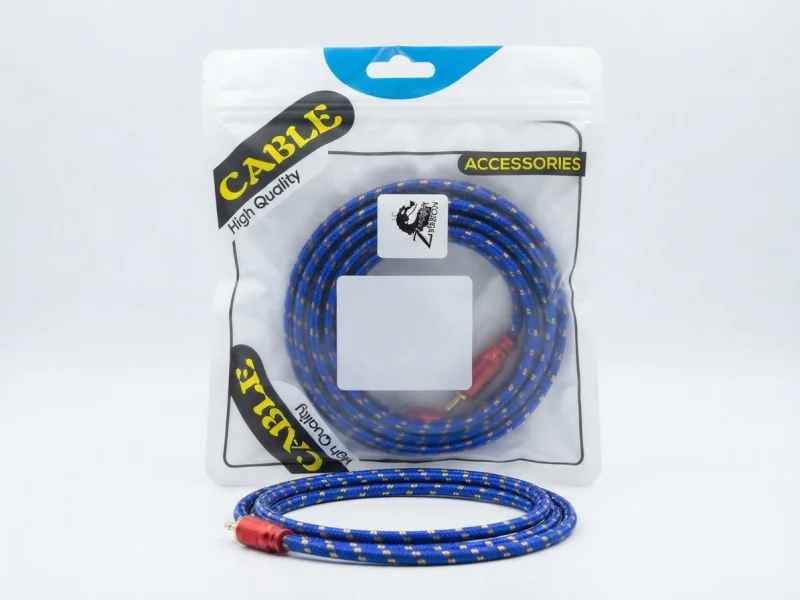 كابل صوت قماشي عالي الجودة (High Quality Cable) باللون الأزرق الممزوج بالخيوط الذهبية،