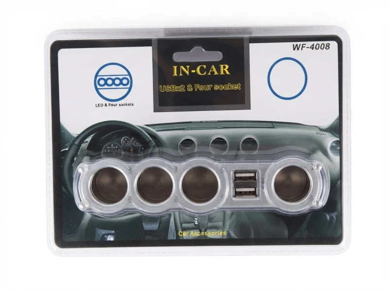 موزع ولاعة ومقابس سيارة (In-Car) موديل WF-4008، يضم 4 فتحات مقابس مع منفذين USB،