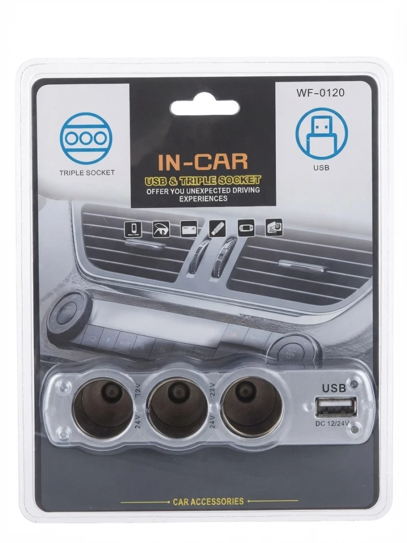 موزع ولاعة ومقابس سيارة ثلاثي (IN-CAR Triple Socket) موديل WF-0120، يضم 3 مقابس ولاعة مع منفذ USB