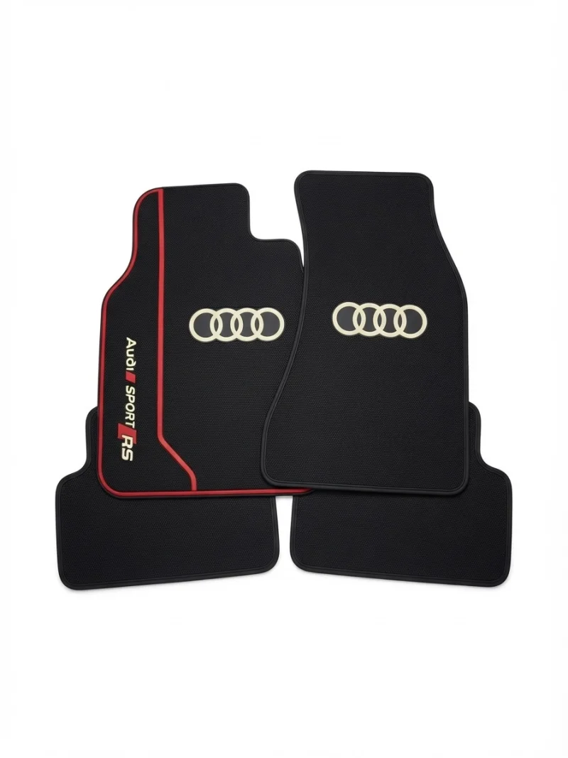 طقم دوسات  سيارة رياضي عالي الجودة بتصميم (Audi Sport RS) بلون أسود مع إطارات حمراء وشعار أودي الأنيق